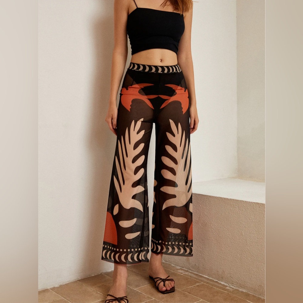Commense Bird Print Sheer Mesh Pants
